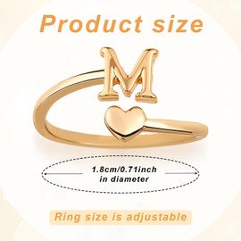 Heart Initial Stackable Rings, Adjustable Pinky Rings Cute Capital Letter Rings Heart Rings Non Tarnish Gold Rings Alphabet Gold Pinky Rings Jewerly Gift for Women (M)