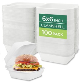 Freshware Clamshell Food Containers with Lids [6x6 100-Pack] Disposable To Go Containers, Biodegradable Sugarcane To Go Boxes - Paper Container - Microwave & Freezer Safe, Stackable