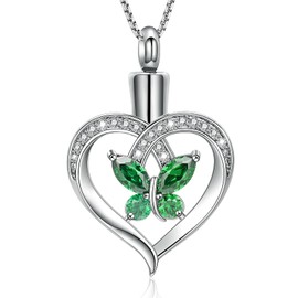 Oinsi Heart Cremation Jewelry Crystal Butterfly Urn Necklace for Ashes Stainless Steel Ash Necklace Memorial Keepsake Lokets for Ashes for Women(Green Stone)