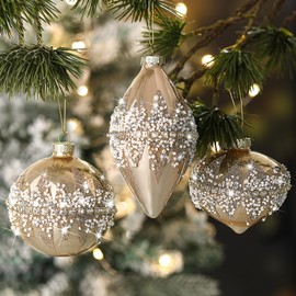 Soulchen 3 Pcs Christmas Glass Ball Ornaments Beaded Sequined Glitter Ball Christmas Tree Decorations Hanging Xmas Glass Baubles for Holiday Xmas Tree Party Decor(Champagne)