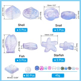 PATIKIL Seekristall-Glasperlen, 45 g + 100 Stück, Ozean-Tierperlen, Glasabstandsperle, Seestern, Muschel, Fischschnecke für Schmuckherstellung, Armband, Ohrringe, Blau / Violett