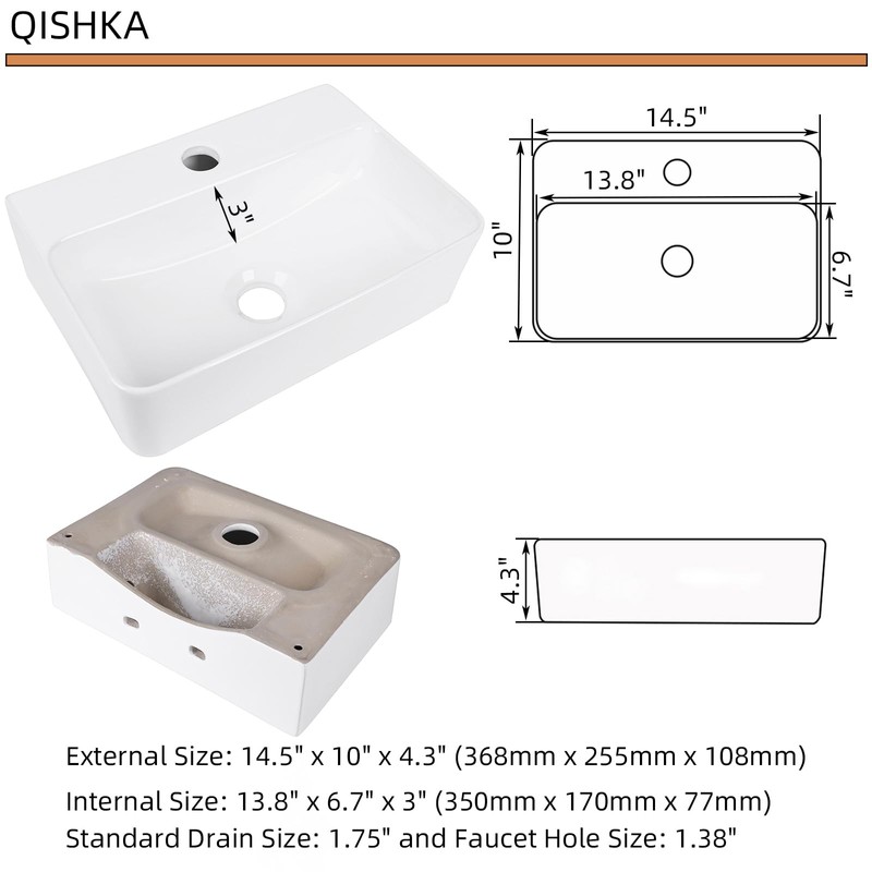 Wall Hung Bathroom Vessel Sink, QISHKA 14.5" X 10" Rectangular