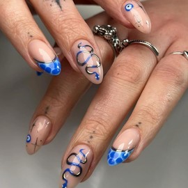 BABALAL Press on Nails Almond Medium Fake Nails Blue French Tip Glue on Nails Snake Design Gold Acrylic Nails 24Pcs Y2k Stiletto Stick on Gel Nails Full Cover Manicure False Nails
