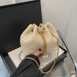 TOFBS Beach Bag Women's Crochet Bag Summer Straw Clutch with Chain Crossbody Bag Vintage Boho Style Shoulder Bag for Beach Holiday Travel (Beige)