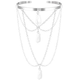 Minimalist Arm Cuff for Women Gold Arm Cuff Upper Arm Layered Tassels Heart Rhinestone Pearl Arm Bracelet Stackable Arm Bangle Jewelry for Women (silver2)