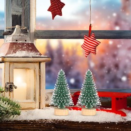 IMIKEYA 10Pcs Mini Christmas Trees, Artificial Snow Frost Trees Mini Pine with Wood Base Bottle Brush Trees Plastic Winter Snow Ornaments Tabletop Trees for Christmas Decoration and Display
