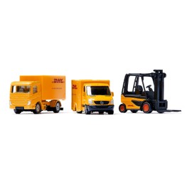 siku 6335, DHL Logistics Gift Set with Truck, Forklift, Parcel Delivery Van, Pallets and Packages, Metal,Plastic, Yellow, Moving Parts