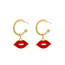 Fashion Red Lips Dangle Drop Earrings for Women Girls Gold Plated C Shaped Half Hoop Earrings Statement Stud Earrings Open Huggie Hoops Dainty Jewelry
