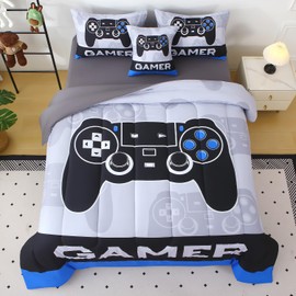 JQinHome Full Gamer Comforter Sets for Boys,6 Piece Bed in A Bag 3D Video Gamer Bedding -All Season Microfiber Gaming Bedding Set for Kids, with Sheet Sets (Cyber Blue)