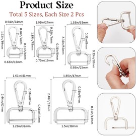 Beebeecraft 1 Box 10Pcs 5 Sizes Detachable Clasp Bulk Silver Metal Alloy W/Screw Bar Heavy Duty D Ring Lobster Claw Snap Hook Swivel Clasps for Lanyard Bag Leather Purse Hardware Replacement DIY Craft