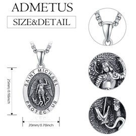 ADMETUS St Michael Necklace for Men 925 Sterling Silver Oval Saint Archangel Michael Pendant Medal Medallion Necklace Protection Jewellery Religious Gifts