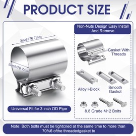 MorningRo 4 Pcs 3 Inch Exhaust Clamp Stainless Steel Exhaust Pipe Muffler Clamp Butt Joint Band Sleeve Coupler for Pipes Muffler Connections, Catalytic Converters