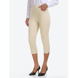 MoFiz Women's Capri Pants for Summer - Light Khaki Pull-On Stretch Straight Leg, Golf Yoga & Business Casual Dressy Cropped Pants with Pockets XL