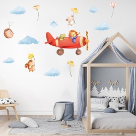 HLNIUC Large Airplane with Animal Wall Decal 14PCS The Exploring Animal Wall Sticker Aircraft Peel and Stick Wall Decals Wildlife Sticky Room Sticker Adventure Themed Wall Stickers for Kid Playroom
