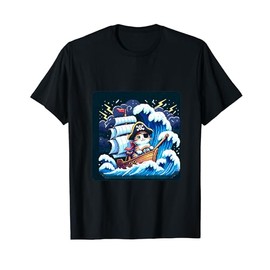Pixelated Cat Pirate Steers Ship In Rough Seas. Captain Hat Men Women T-Shirt