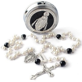 HanlinCC 6mm Glass Pearl Beads with 8mm Our Father Beads with Caps Rosary Necklace Pack in Miraculous Metal Gift Box (White Rosary with Miraculous Gift Box)
