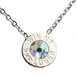 Bullet Cartridge Sliding Necklace, Opalescent Shimmer Crystal - Rhodium Plated 9mm Ammo Shell Pendant Jewelry On Adjustable Stainless Steel Chain