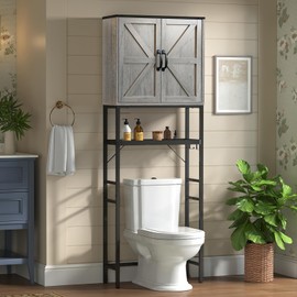 Timboniture Over The Toilet Storage Cabinet, Bathroom Above Toilet Cabinet Organizer with Doors and Adjustable Shelves, Bathroom Shelf Organizer with Anti-Tip Device & Drain Rack, Grey