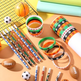 Sabary 48 Pcs Sports Pencils Silicone Bracelets Set Soccer Football Basketball Baseball Wooden Pencil Rubber Wristbands for Students School Classroom Birthday Gifts Sports Party Favors (Multi Balls)