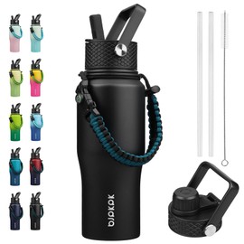 BJPKPK Insulated Water Bottles with Straw Lid, 23oz Metal Water Bottle with 2 lids & Paracord Strap, Double Wall Stainless Steel Vacuum Tumblers, Cups, Mugs, Thermo for Hot& Cold Drinks, Black