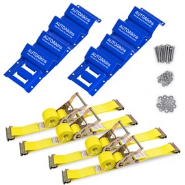 AUTOAlkins Wheel Chock Tie Down Kit, Trailer Tie Down Strap Kit, Heavy Duty Trailer Tie Down System for UTV, ATV, Mower, etc, Wheel Chock & Tie-Down Accessories, 4-Tire Kit