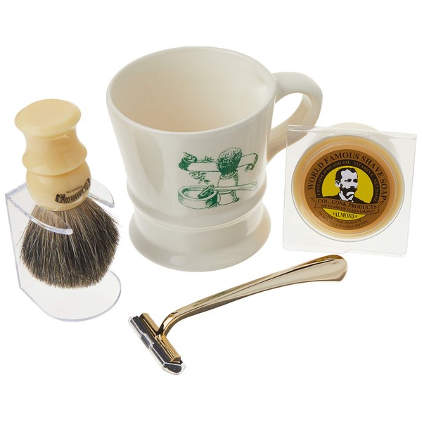 Colonel Conk Model 240 A Shave Mug, Mixed Badger Brush, Gold Tone Razor and Soap