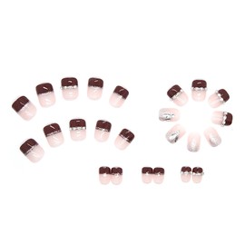 Red Press on Nails Short Square Shape, 24Pcs Coffin Full Cover Reusable False Nails with Rhinestone Designs, Artificial Fingernails Acrylic Fake Nails with Glue, Stick on Nail with Charm for Women