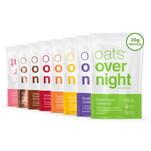 Oats Overnight - Party Variety Pack High Protein, High Fiber Breakfast Shake - Gluten Free, Non GMO Oatmeal Strawberries & Cream, Green Apple Cinnamon & More (8 Pack)