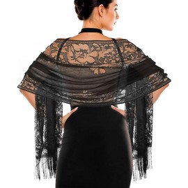Women's Floral Lace Scarf Shawl wif Tassels for Women's Evening Dress Evening Party Mesh Wedding Shawls - Color: Black C