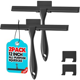 ALFLOD 2PACK 12-Inch Black All-Purpose Shower Squeegee for Shower Doors, Tile Shower Walls, Bathroom, Window, Glass and Car Windshield, Mirrors and Kitchen-Stainless Steel