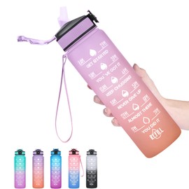 Drinking Bottle, 1 Litre, BPA-Free Tritan Water Bottle with Straw, Sports Water Bottle with Time Marking for Fitness, School, Yoga, Outdoor (Purple Light Orange)