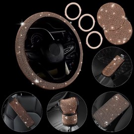 JINGSEN 11 Pcs Bling Car Accessories Set,Bling Car Accessories Set for Women,Steering Wheel Cover for Women Universal Fit 15 Inch,Rhinestone Center Console Cover(Champagne)