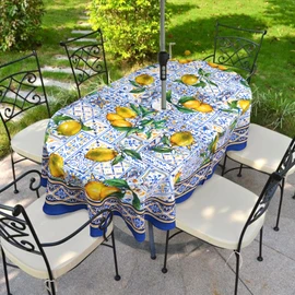 bnhjsdw Blue Outdoor Tablecloth with Umbrella Hole for Oval Table, Waterproof Lemon Patio Table Cloth with Zipper - 60 x 102 inches
