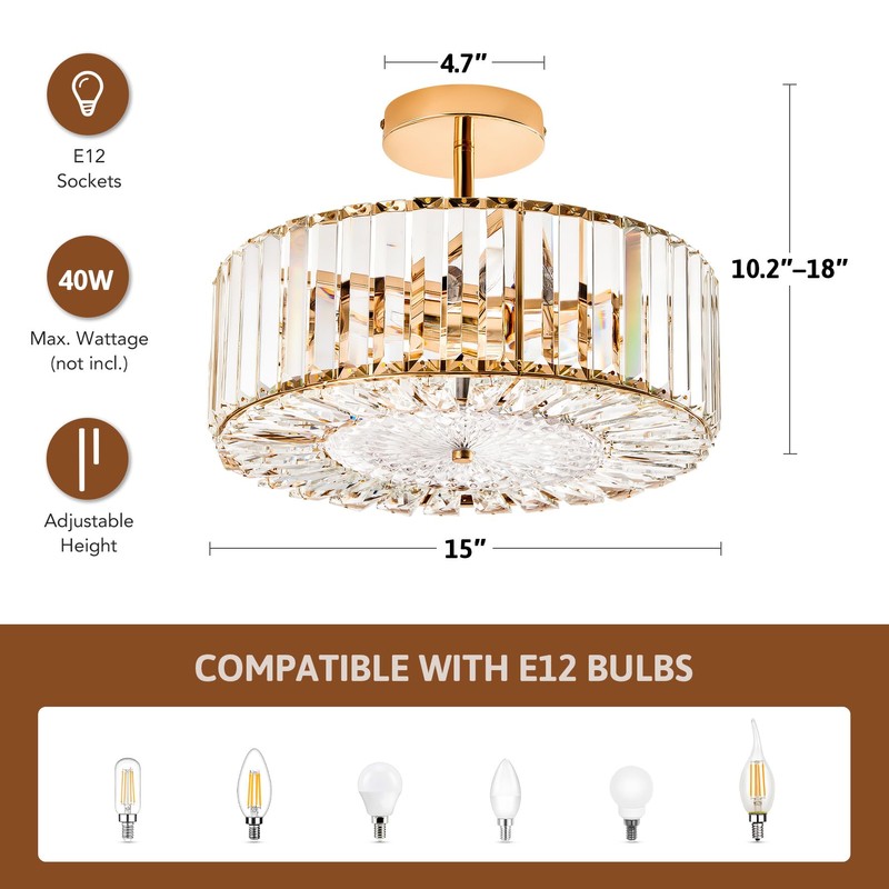 VONLUCE Crystal Light Fixture, Modern Semi Flush Mount Ceiling Light,