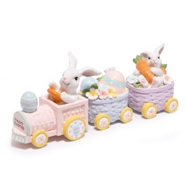 Hodao - cifras de tren de conejo de Pascua, 3 piezas de resina para decoración de mesa con zanahorias y huevos, decoración de primavera pastel para el hogar, estante, mantel, bandeja escalonada