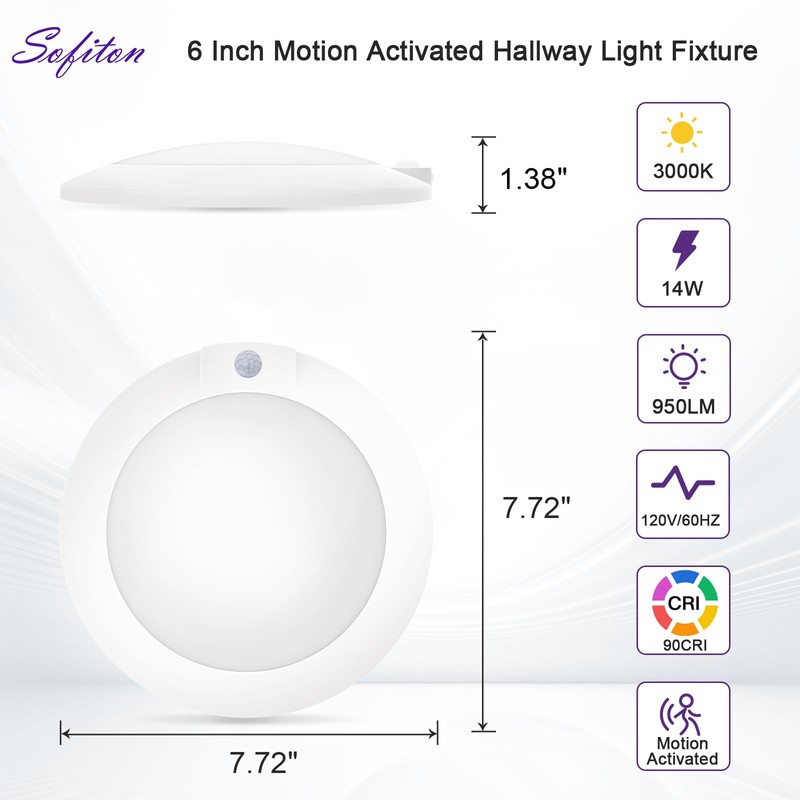 Sofiton 6 Inch Motion Sensor Ceiling Light Indoor, 14W 3000K