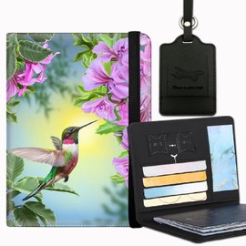 Passport Cover and Luggage Tag Set, PU Leather Passport Case Holder Travel Suitcase Tag, Travel RFID Blocking Passport Cover Passport Wallet for Women Men, Hummingbird and Flower