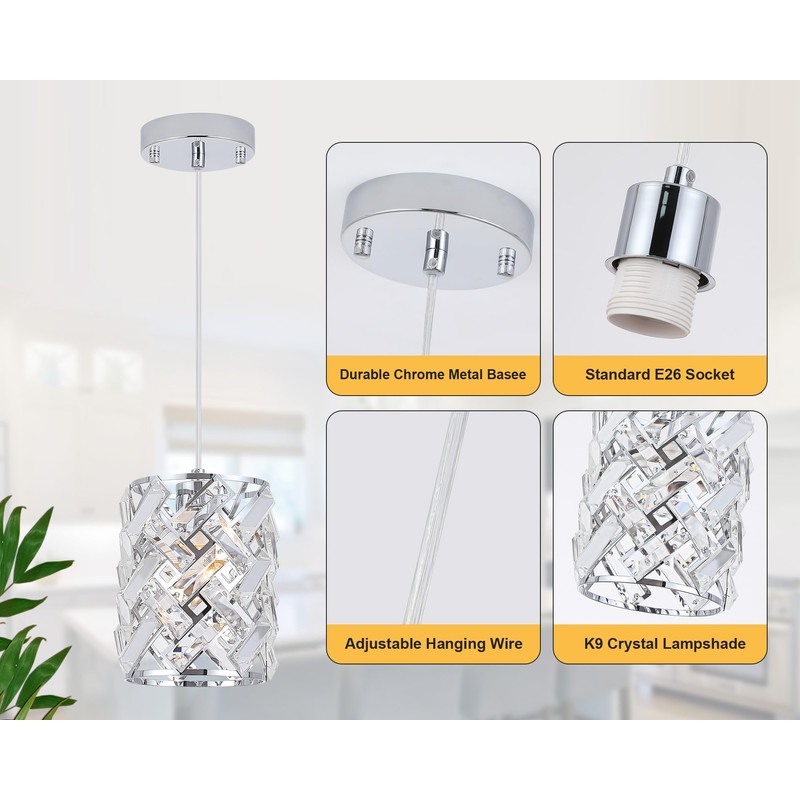 YORKCARE 2 Pack Crystal Pendant Lights, Modern Chrome Finish with