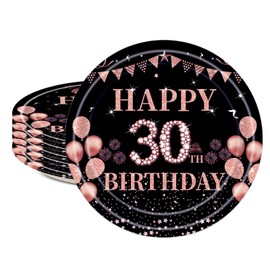 16pcs Black Rose Gold 30th Birthday Paper Plates 9inch 30th Party Table Decor,30th Women Birthday Party Paper Plates 9" Tableware,Happy 30th Birthday Tableware Plate for Her,Women,30th Party Supplies
