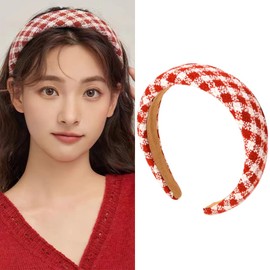 Buffalo Plaid headband for Women Girls Puffy Headbands Tweed Checked Hairband for Teen Girls Wide Sponge Headband Red and White Plaid Hairbands for Women Girls Christmas Headpieces