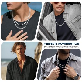 2 Pieces Men's Necklace Chain Silver - Silver Coating Chain Set 51 cm Length Cord Chain and 55 cm Length Curb Chain Solid Silver Chain for Men Jewellery Gifts for Birthday Christmas, Stainless Steel