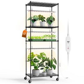 Bstrip Plant Shelf with Grow Light with Timer, Plant Stand with Adjustable Rack and Wheels, 3 Pack 72W T8 2FT Full Spectrum Grow Lights for Indoor Plants, Seed Starting, Seed Tray, 23.5"x13.8"x59"