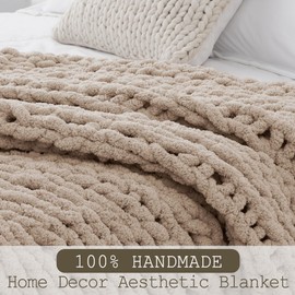 LONG CREATE Chunky Knit Throw Blanket 50"X 60", 100% Handmade with Soft Chenille Yarn, 4.4lbs Thick Cable Knitted Blankets, Large Rope Knot Crochet Throws for Couch Sofa Bed Home Decor, Taupe