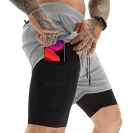 OEBLD - Pantalones cortos deportivos para hombre, 2 en 1, gimnasio, entrenamiento, correr, 7 pulgadas, con lazo para toalla, Gris claro, XX-Large