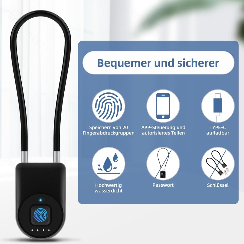 Anweller Fingerprint Cable Lock, Padlock with 38 cm Steel Cable,