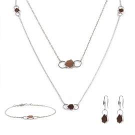 BEWELL Silver Jewelry Sets,Simple Pendant Wooden Necklace Earrings Bracelet Sweater Chain Set for Women