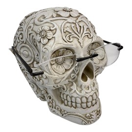 Top Brass Gothic Floral Skull Eyeglasses Holder – Life Size Ornate Resin Glasses Stand & Decorative Figurine for Home & Office Decor