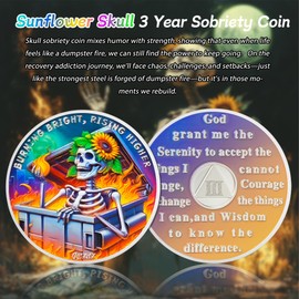 Sunflower Skull 3 Year Sobriety Coin - Dumpster Fire Three Year AA Coins - Recovery Addiction NA AA Chips and Medallions - 1-10 Prime Celebrate Clean Narcotics Alcoholics Anonymous Gifts for Men Women