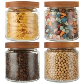 GBACHOOSE 4 Pack Glass Storage Containers Set, 17 oz Borosilicate Glass Jars Kitchen Food Canisters with Acacia Wood Lids for Coffee Beans/Sugar/Tea/Nuts/Grain/Sweets(500ml)