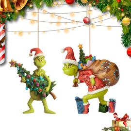 Grinch Christmas Decorations, Pack of 2 Grinch Christmas Decorations Figure, Funny Pendant Decorations for the Christmas Tree, for Holidays, Windows, Indoor and Outdoor Christmas Decorations